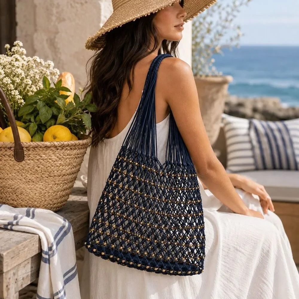 Free People Wishing Well Beaded Net Tote Blue Gold Crochet Macrame Bag NWT